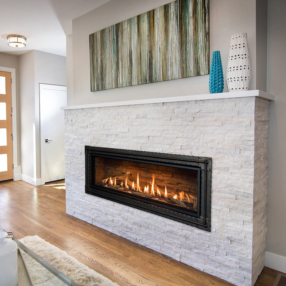 Kozy Heat Callaway 50 linear gas fireplace with ledgestone installation