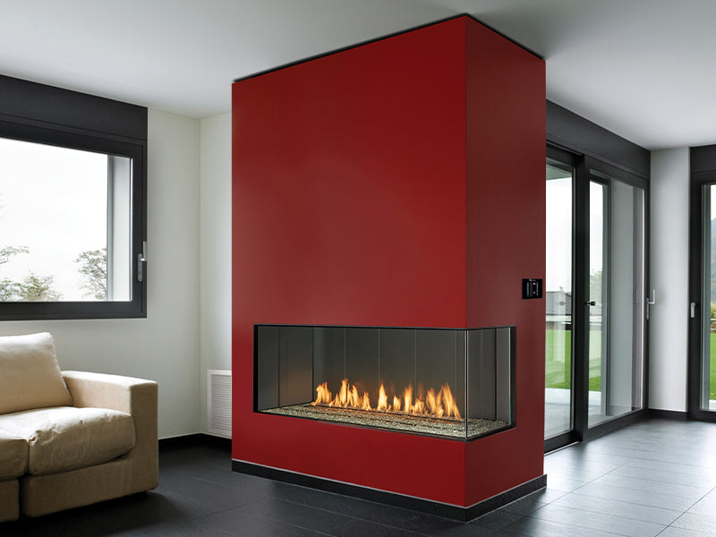 DaVinci Firenze 66 x 20 right-corner gas fireplace installed in a red feature wall