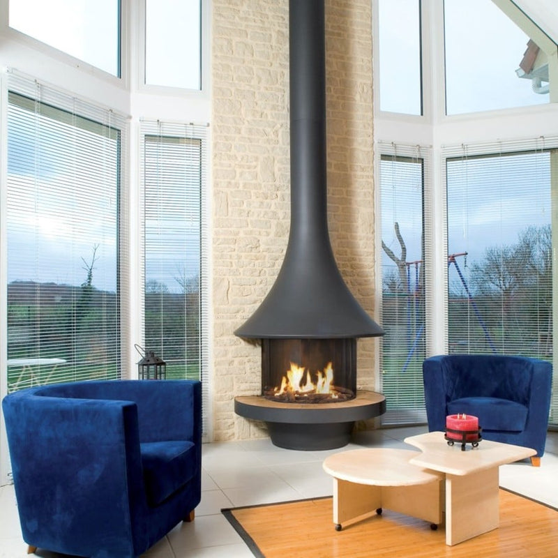 Foyer autoportant 270 (75 × 65 courbe) sans hotte, avec base + hotte décorative