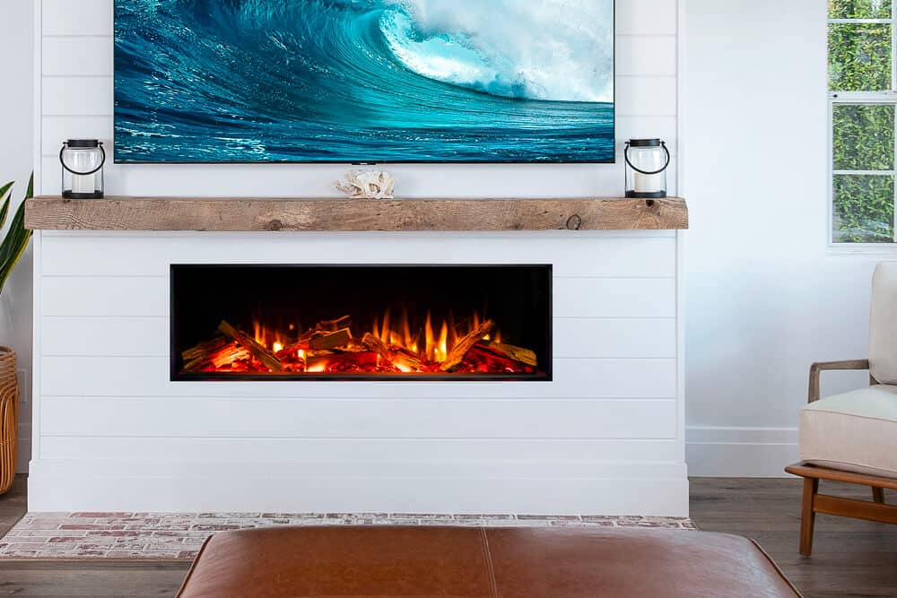 Valor LEX2-S 50-inch linear electric fireplace in front-view configuration with optional splitwood logs