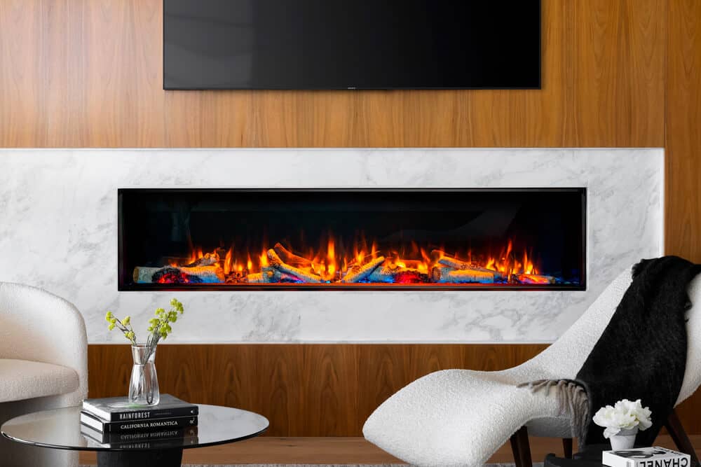 Valor LEX4-S 72-inch linear electric fireplace in front-view configuration with optional birch logs