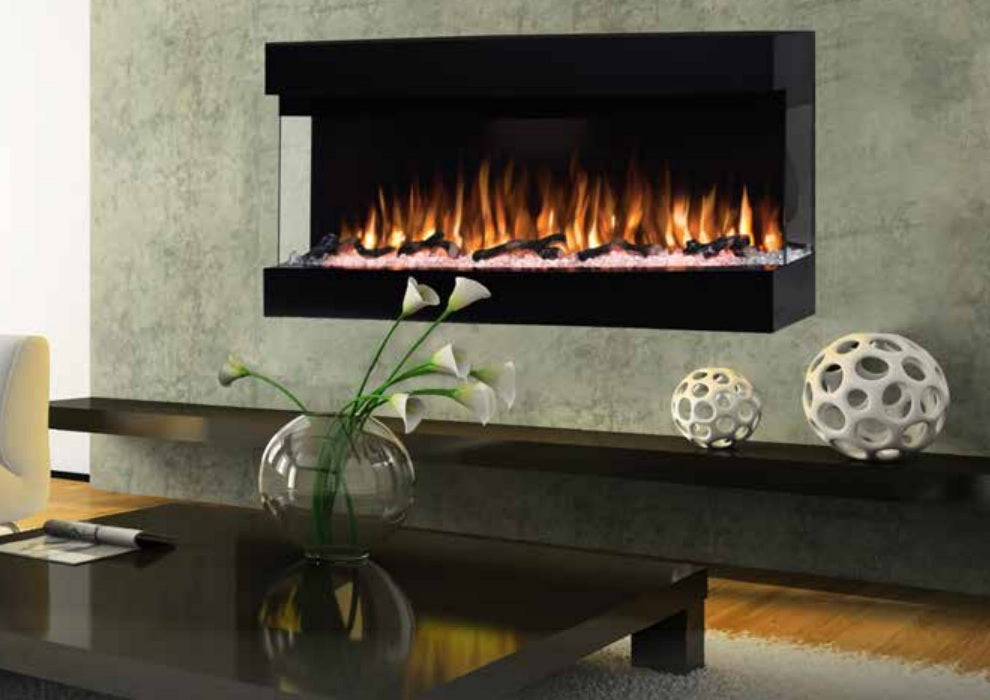 TöSO Panorama 50 three-sided electric fireplace installed in a contemporary living room