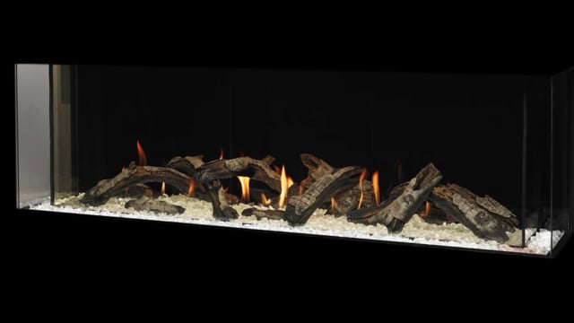Kozy Heat Generation 7220 large three-sided gas fireplace with birch log presentation