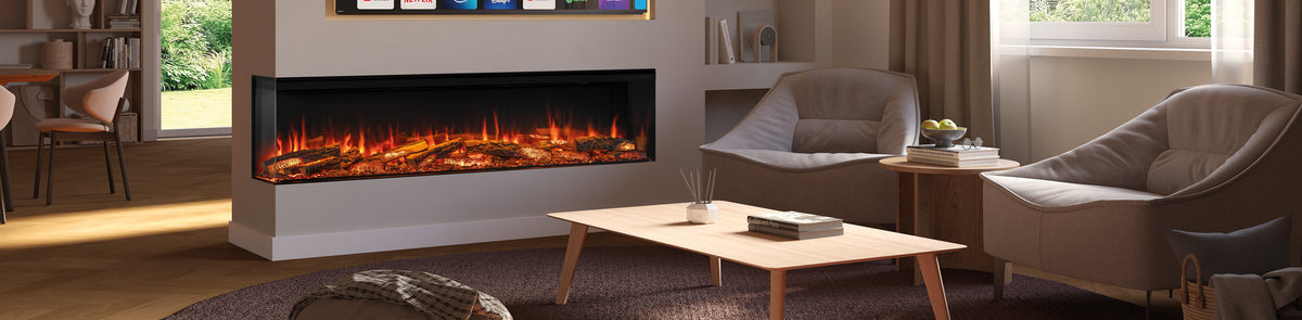 Regency Avita EXA190 electric fireplace in a two-sided corner installation