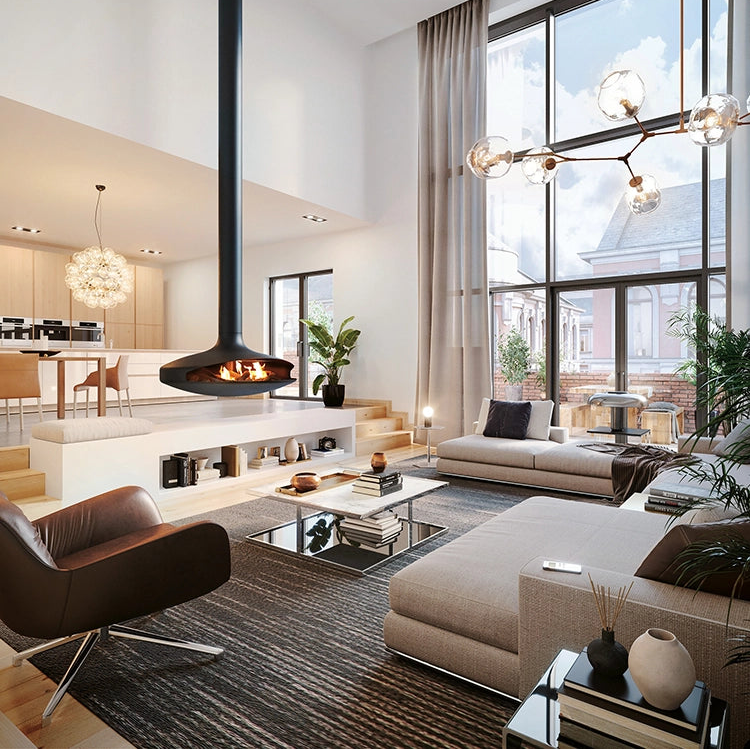 Modern living room with large windows, stylish furniture, and decorative elements.