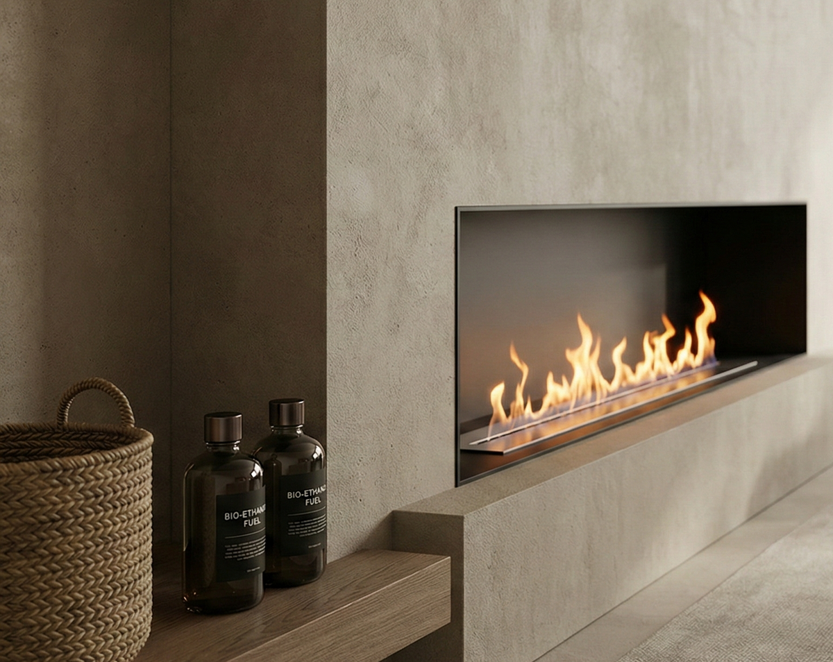 Modern living room with a fireplace and beige sofa