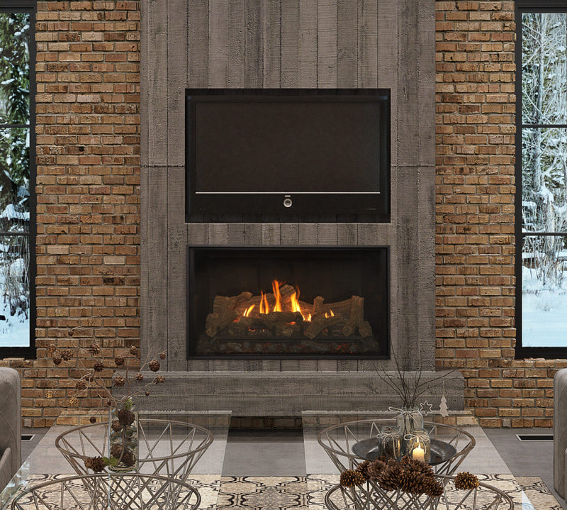 Kozy Heat Bellingham 52 landscape gas fireplace installed below a television in a winter living room