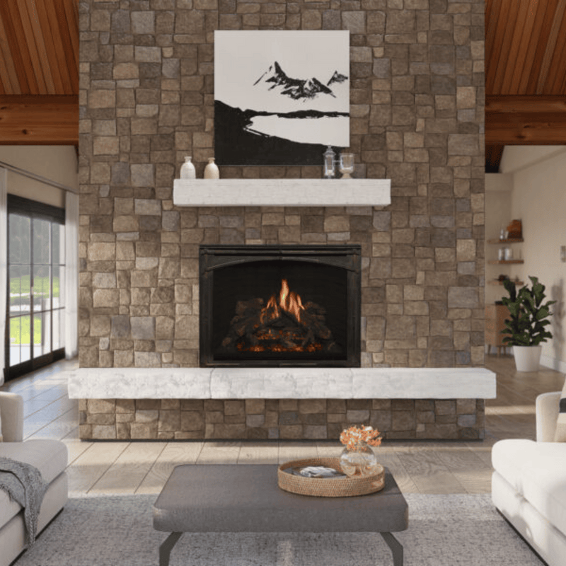 Kozy Heat Nordik 48DV large-format gas fireplace in a stone feature wall