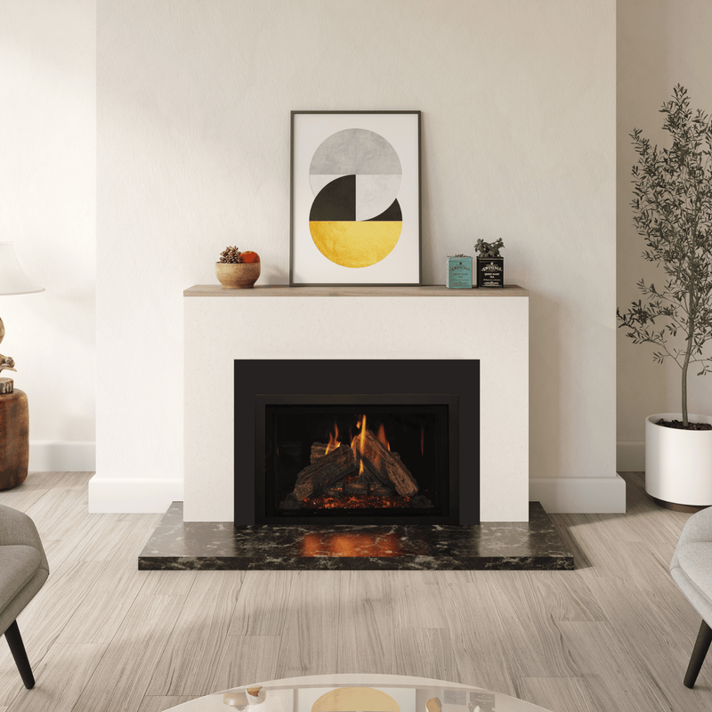 Kozy Heat Nordik 29i gas insert installed in a contemporary masonry fireplace