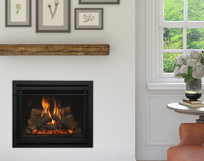Kozy Heat Nordik 36DV gas fireplace installed beneath a wood mantel