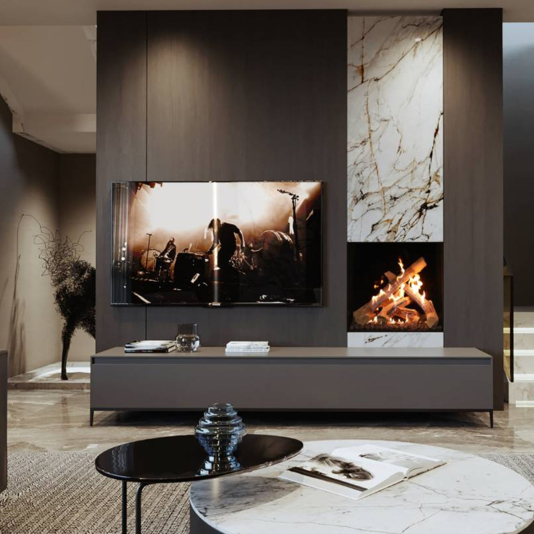 Modern living room with a television displaying a concert and a fireplace.