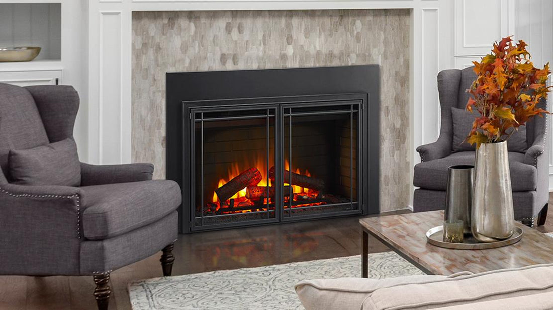 SimpliFire 35-inch electric fireplace insert shown with optional Mission door front and surround, sold separately