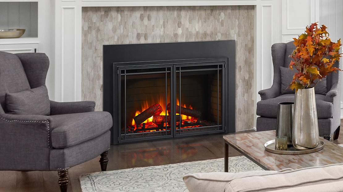 SimpliFire 35-inch electric fireplace insert shown with optional Mission door front and surround, sold separately