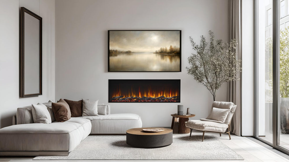 SimpliFire Scion 55-inch electric fireplace with included driftwood-style logs, shown in a furnished room