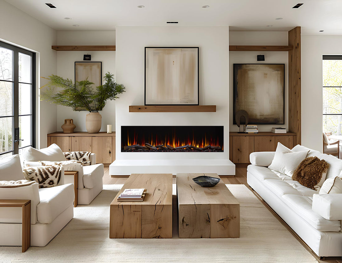 SimpliFire Triton 78-inch electric fireplace with included timber logs, shown in a furnished room