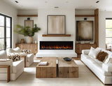 SimpliFire Triton 78-inch electric fireplace with included timber logs, shown in a furnished room