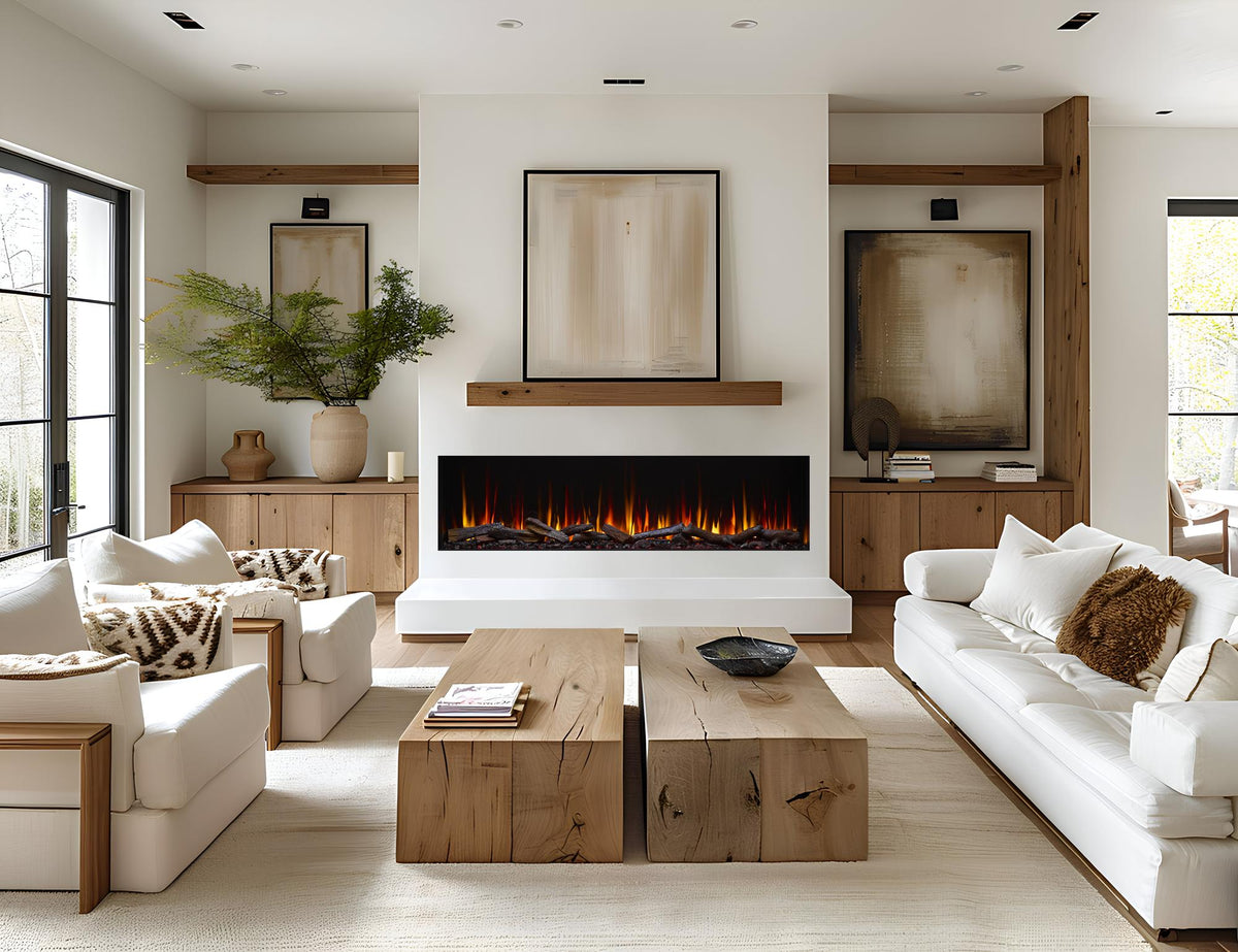 SimpliFire Triton 78-inch electric fireplace with included timber logs, shown in a furnished room