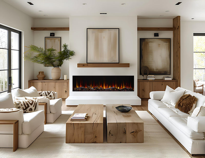 SimpliFire Triton 78-inch electric fireplace with included timber logs, shown in a furnished room