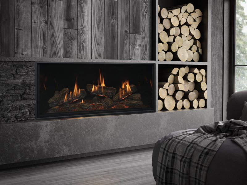 Kozy Heat Nordik 48TL tall linear gas fireplace with EVO elevated burners