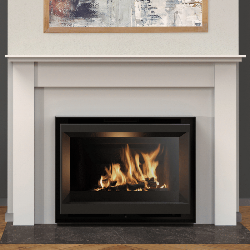 White fireplace with a lit fire inside, mantel above, and abstract painting on wall.