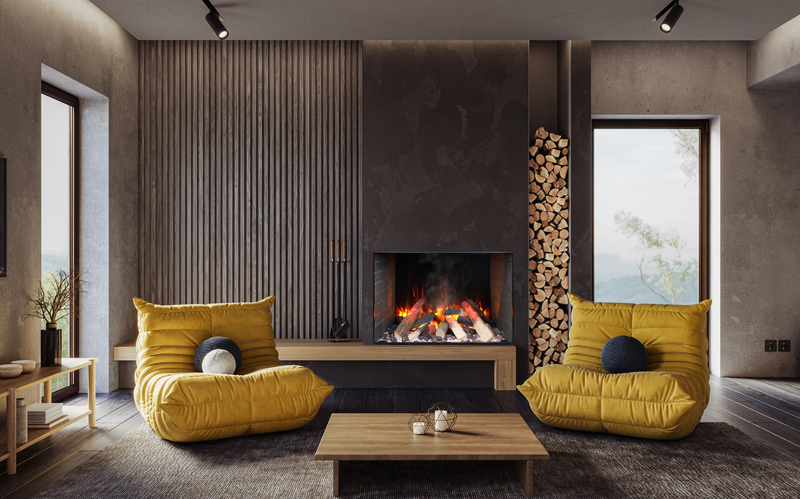 Lifestyle rendering with optional split logs and decorative side panels