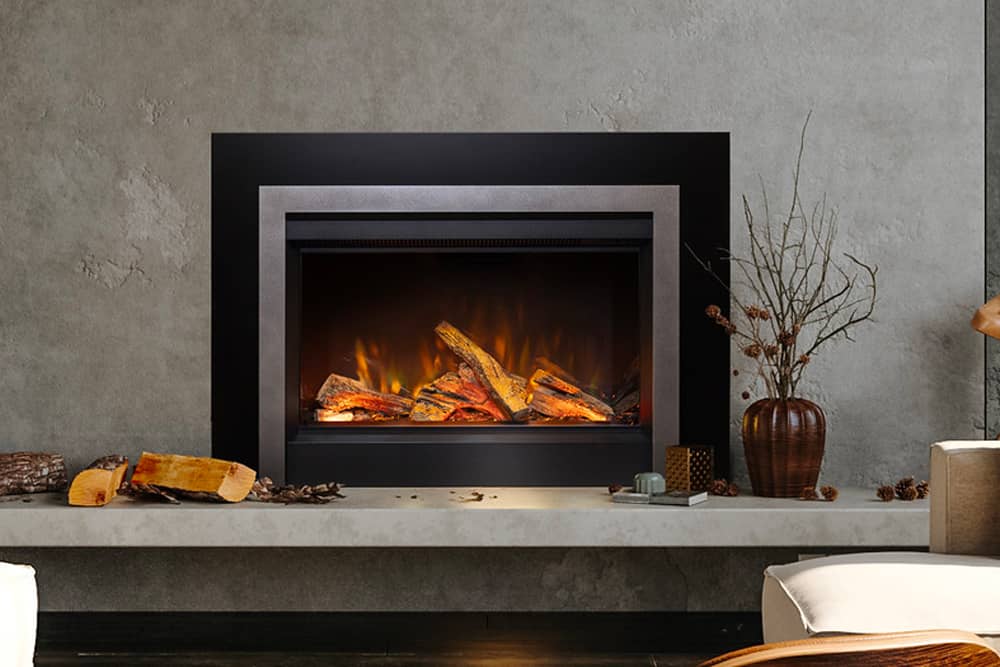 Valor GE3 electric insert with optional splitwood logs, Clearview front and three-sided backing plate
