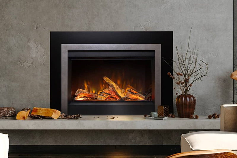 Valor GE3 electric insert with optional splitwood logs, Clearview front and three-sided backing plate