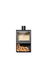 Modern wood stove with firewood on a white background