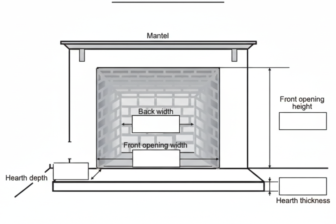 Technical drawing of a fireplace with labeled dimensions