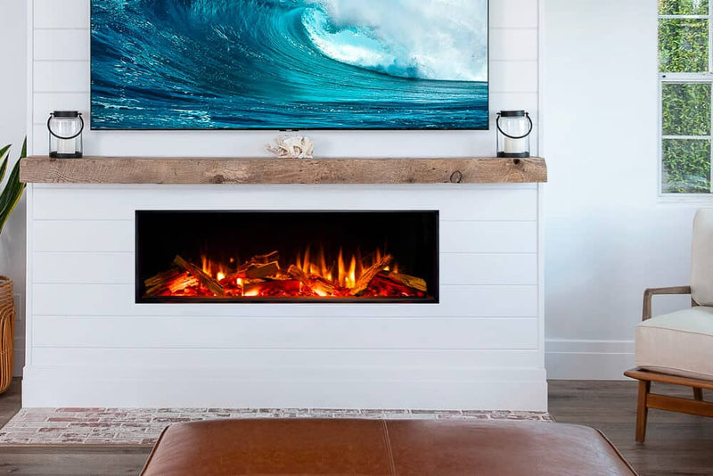 Valor LEX2-S 50-inch linear electric fireplace in front-view configuration with optional splitwood logs