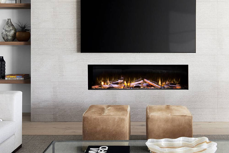 Valor LEX3-S 60-inch linear electric fireplace in front-view configuration with optional birch logs