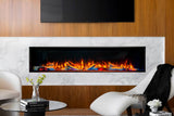 Valor LEX4-S 72-inch linear electric fireplace in front-view configuration with optional birch logs