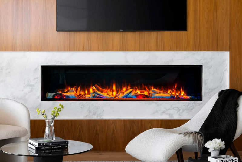 Valor LEX4-S 72-inch linear electric fireplace in front-view configuration with optional birch logs