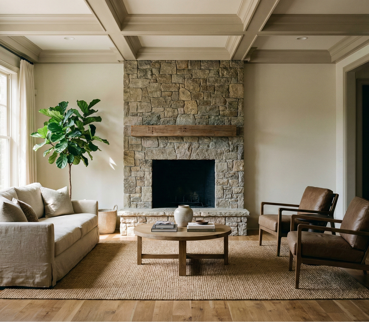 Living room with stone fireplace, beige sofa, and wooden coffee table.