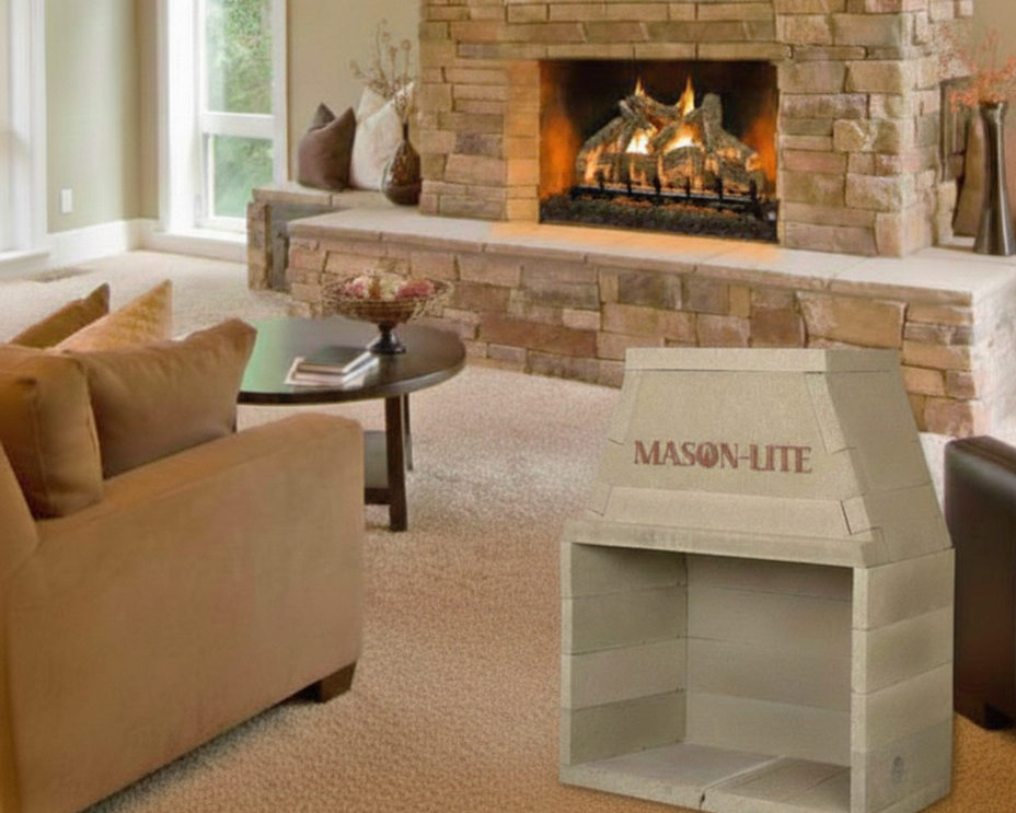 Living room with stone fireplace and Masonite branded product