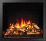 Straight-on traditional black built-in fireplace with split oak logs.