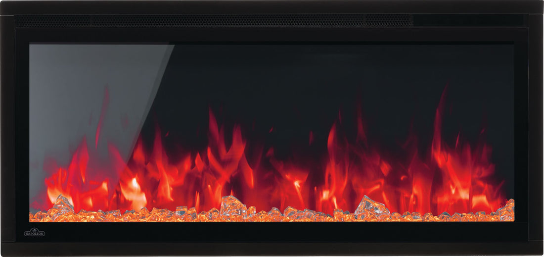 Straight-on black linear fireplace with crystals and red/orange flame.