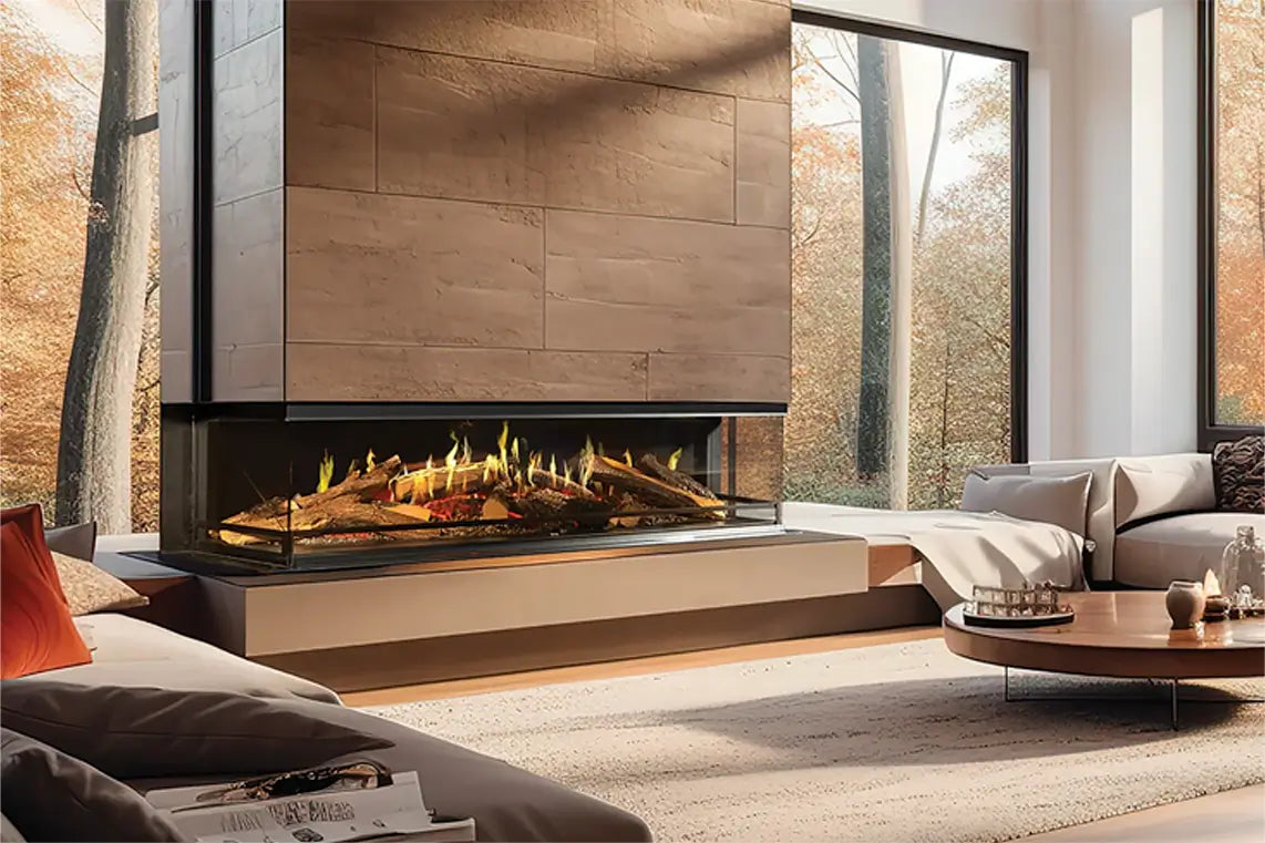 NetZero E-One 190F front-facing holographic fireplace installation