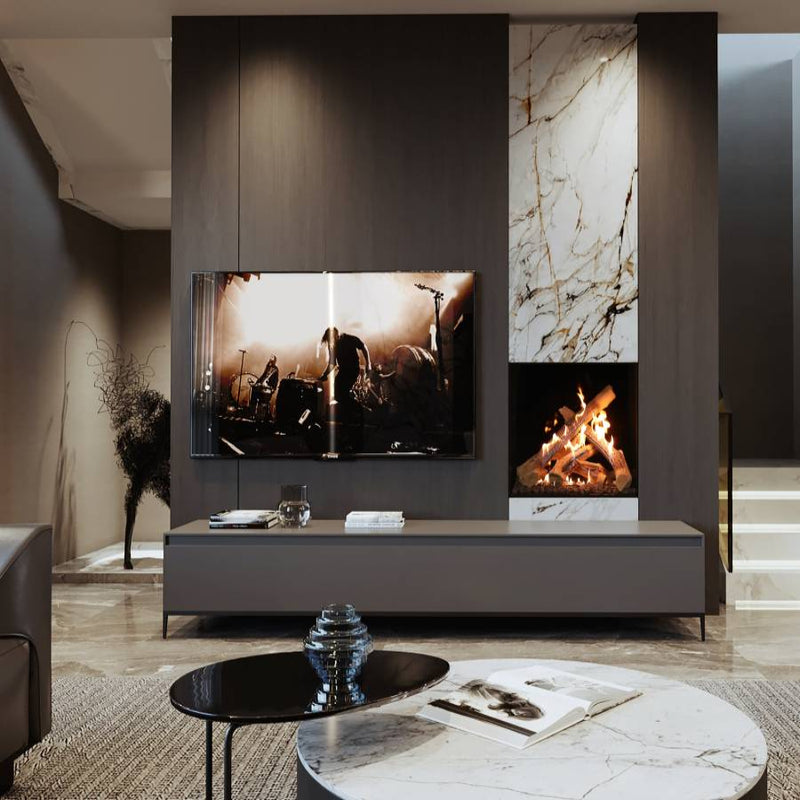 Modern living room with a television displaying a concert and a fireplace.