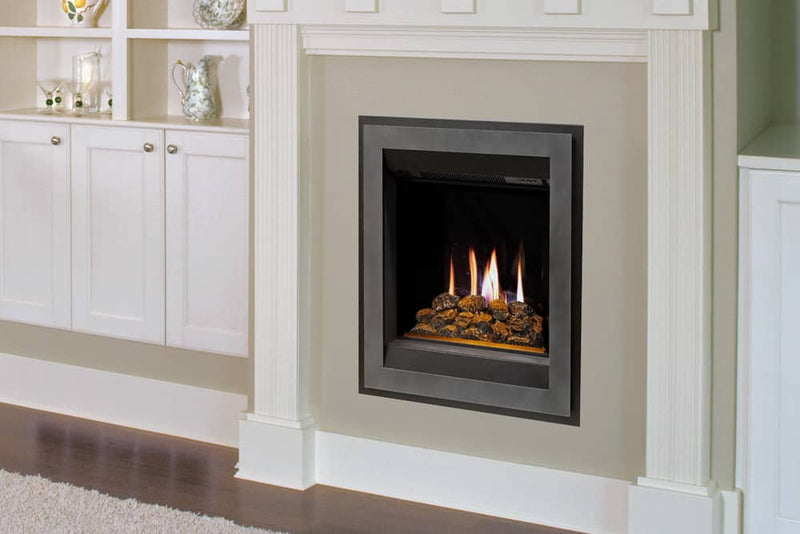 Valor PE2 LCD electric fireplace with optional coal set and Pewter Ledgeview front