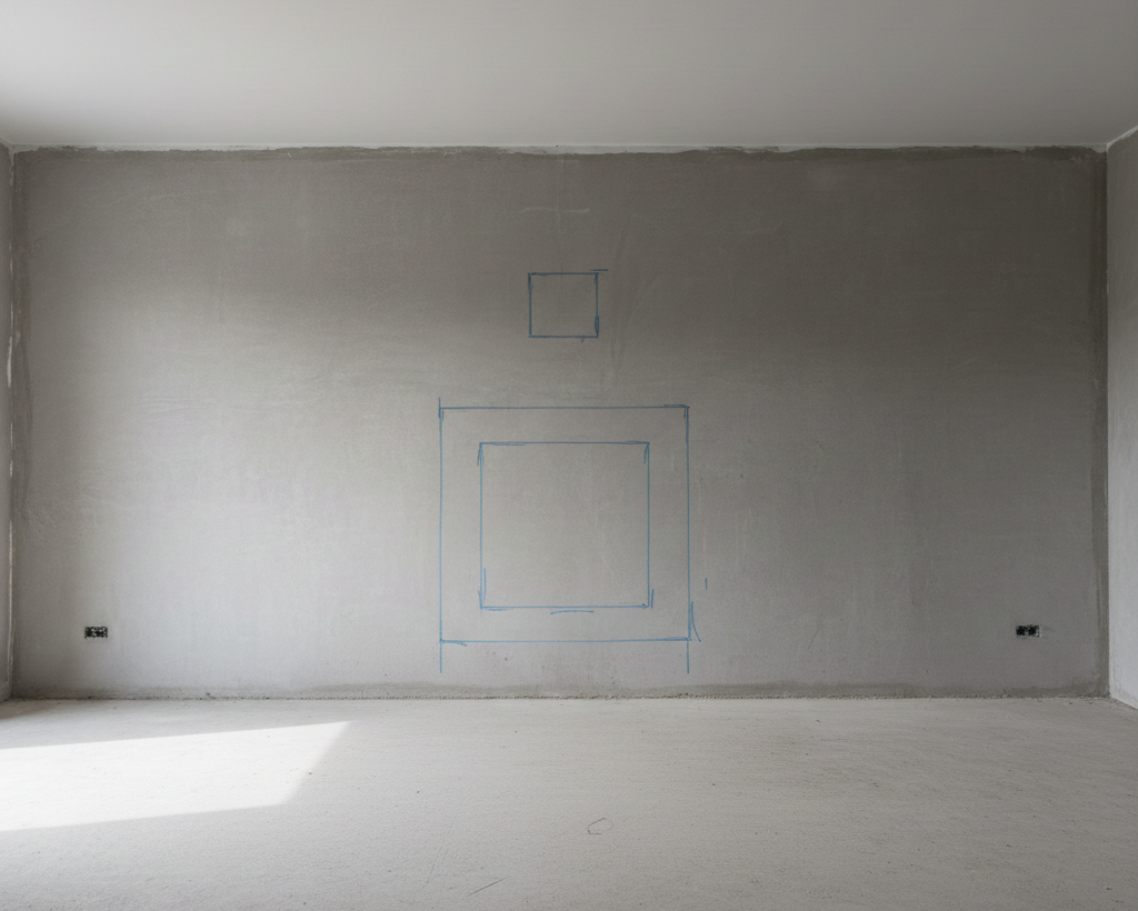 Unfinished room avec gris walls et blanc floor, showing blue design outlines.