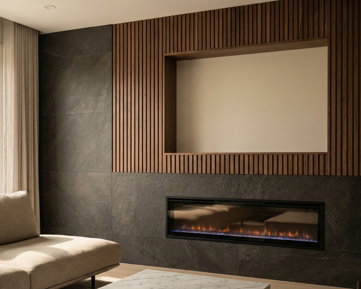 Modern living room with a fireplace and flat-screen TV.