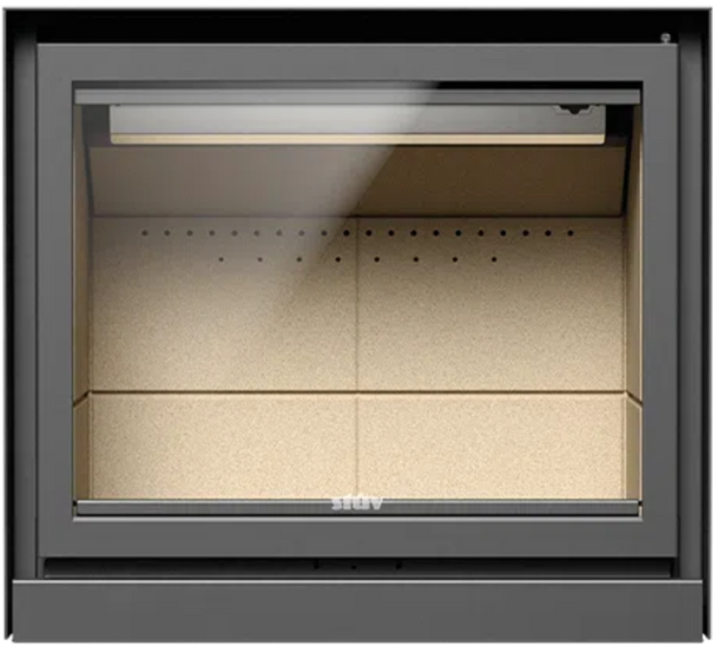 A modern built-in oven or wall oven shown from the front, featuring a dark charcoal gray frame and a glass door revealing a beige interior with two metal racks, set against a solid white background.