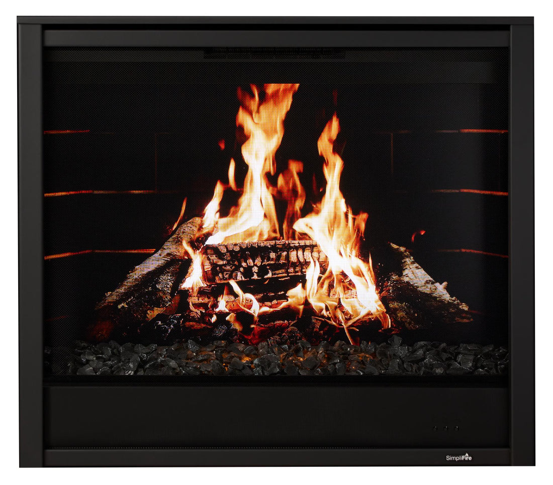 Inception 36 electric fireplace with black front and digital birch-log/black-brick fire scene