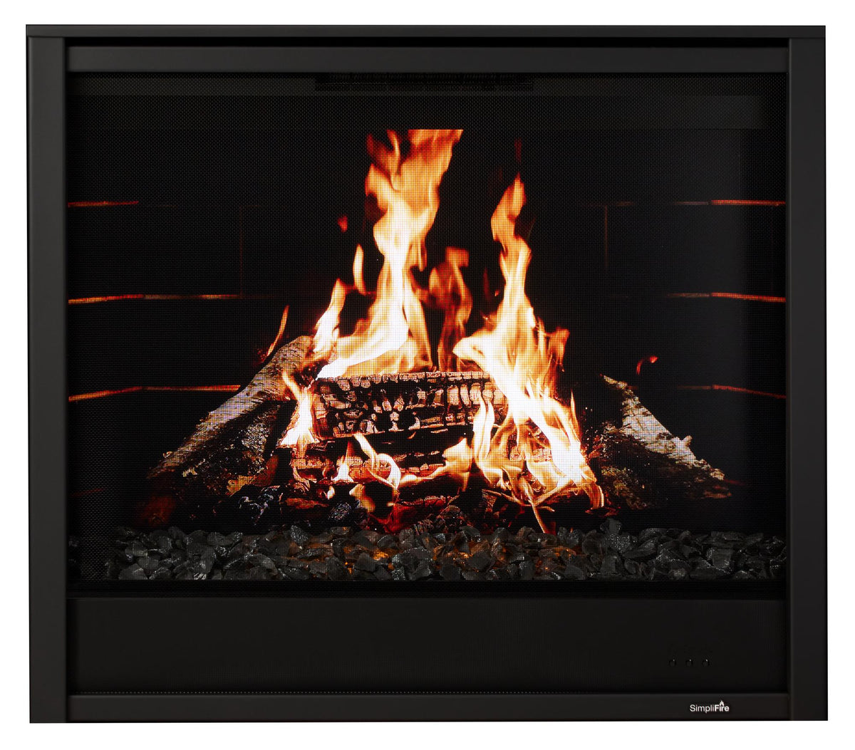 Inception 36 electric fireplace with black front and digital birch-log/black-brick fire scene