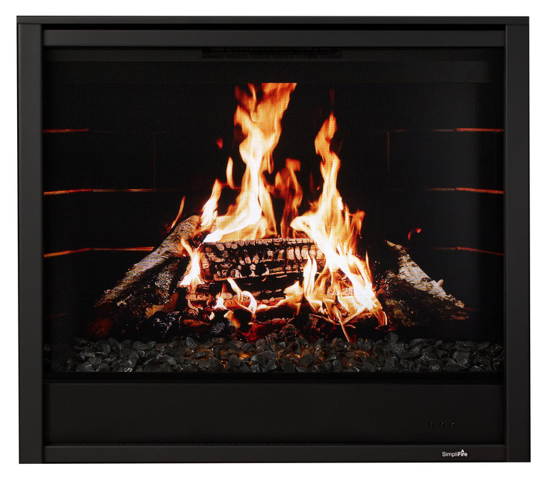 Inception 36 electric fireplace with black front and digital birch-log/black-brick fire scene