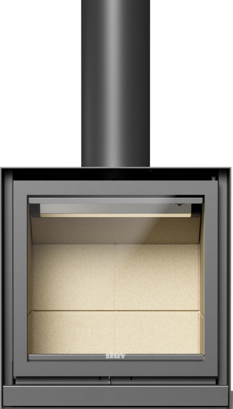 Modern wood stove with glass door on a white background