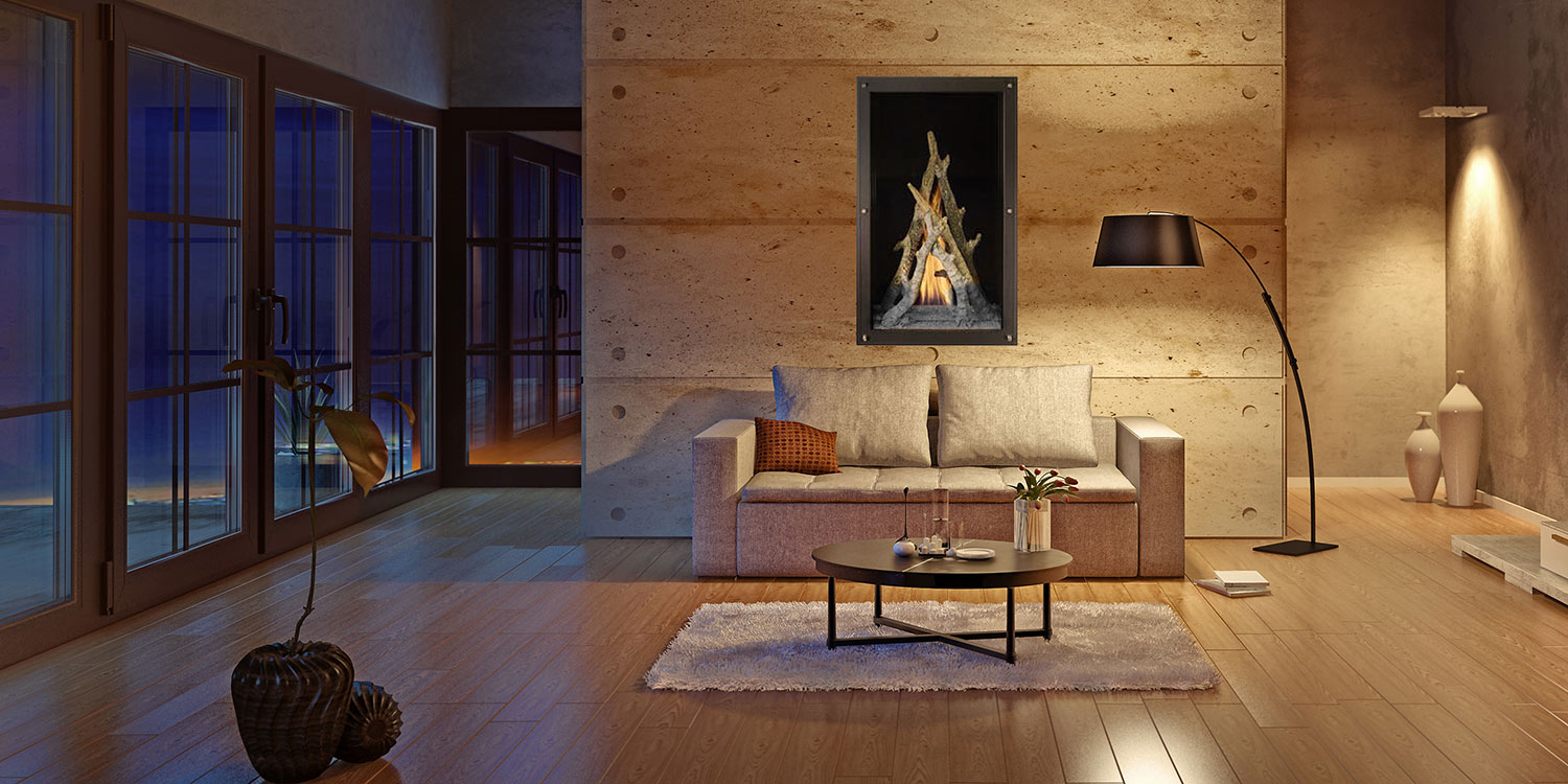 DaVinci Maestro Vertical tall gas fireplace with artisan log media